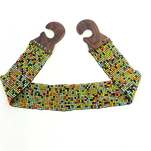 Colorful Seed Bead Wood Clasp Buckle Boho Festival Ethnic Tribal Stretch Belt - Picture 6 of 9
